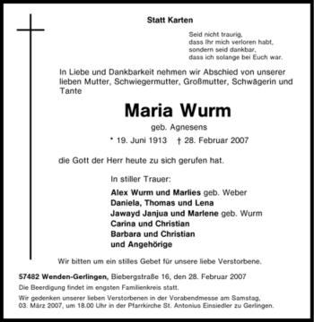 Traueranzeige von Maria Wurm von Tageszeitung