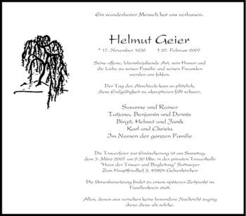 Traueranzeige von Helmut Geier von Tageszeitung