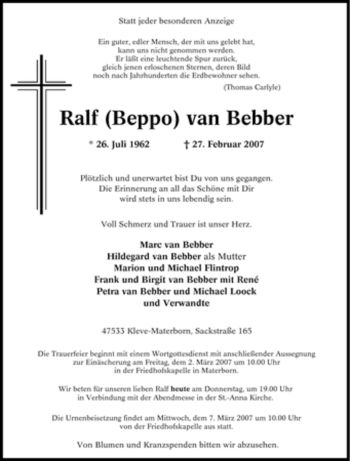 Traueranzeige von Ralf van Bebber von Tageszeitung