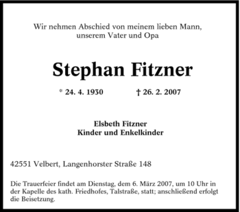 Traueranzeige von Stephan Fitzner von Tageszeitung