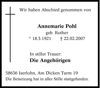 Traueranzeige von Annemarie Pohl von Tageszeitung