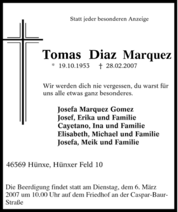 Traueranzeige von Tomas Diaz Marquez von Tageszeitung
