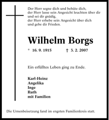Traueranzeige von Wilhelm Borgs von Tageszeitung