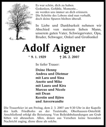 Traueranzeige von Adolf Aigner von Tageszeitung