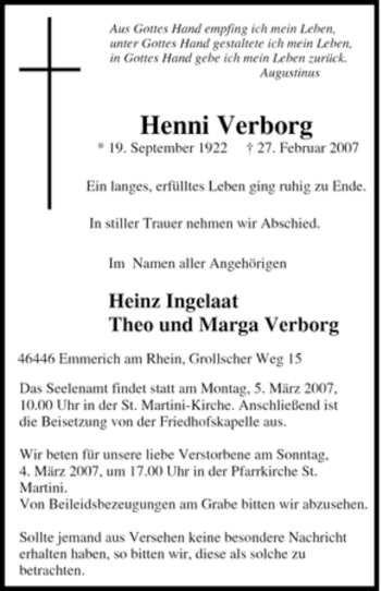 Traueranzeige von Henni Verborg von Tageszeitung