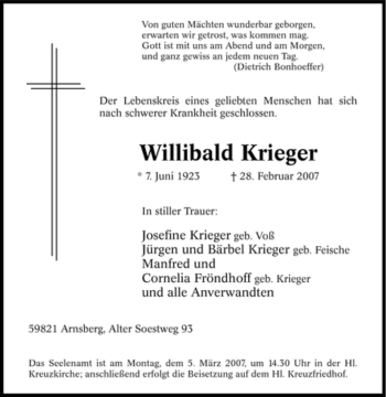 Traueranzeige von Willibald Krieger von Tageszeitung