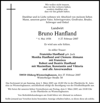 Traueranzeige von Bruno Hanfland von Tageszeitung