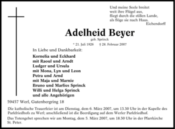 Traueranzeige von Adelheid Beyer von Tageszeitung