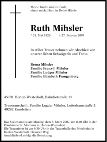 Traueranzeige von Ruth Mihsler von Tageszeitung