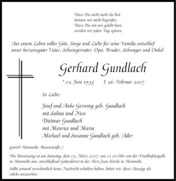 Traueranzeige von Gerhard Gundlach von Tageszeitung