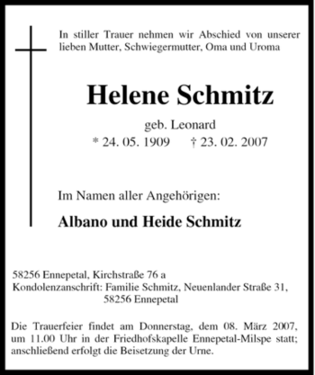 Traueranzeige von Helene Schmitz von Tageszeitung