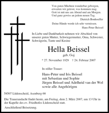 Traueranzeige von Hella Beissel von Tageszeitung