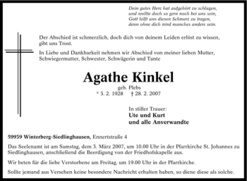 Traueranzeige von Agathe Kinkel von Tageszeitung