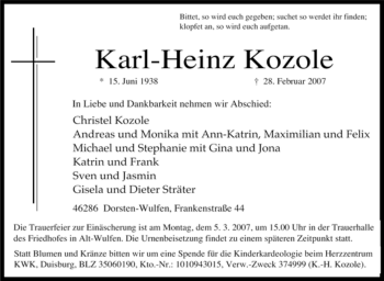 Traueranzeige von Karl-Heinz Kozole von Tageszeitung