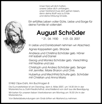 Traueranzeige von August Schröder von Tageszeitung