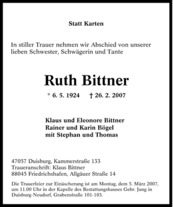 Traueranzeige von Ruth Bittner von Tageszeitung