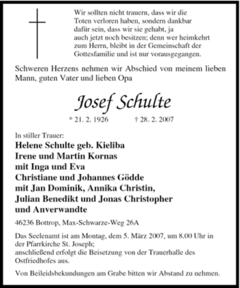 Traueranzeige von Josef Schulte von Tageszeitung
