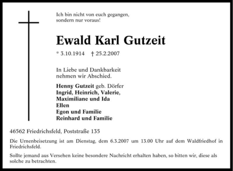  Traueranzeige für Ewald Karl Gutzeit vom 02.03.2007 aus Tageszeitung