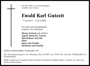 Traueranzeige von Ewald Karl Gutzeit von Tageszeitung
