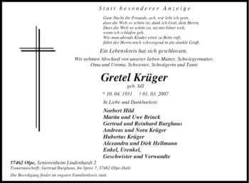 Traueranzeige von Gretel Krüger von Tageszeitung