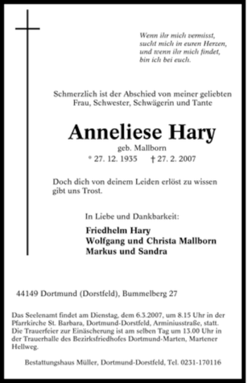 Traueranzeige von Anneliese Hary von Tageszeitung