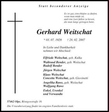 Traueranzeige von Gerhard Weitschat von Tageszeitung