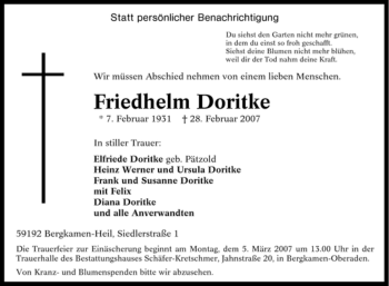 Traueranzeige von Friedhelm Doritke von Tageszeitung