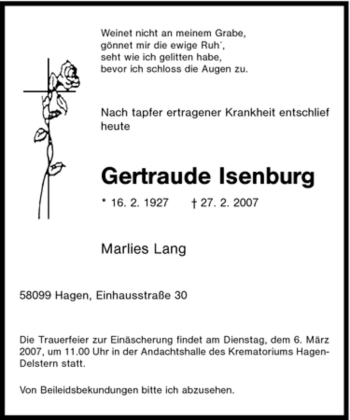Traueranzeige von Gertraude Isenburg von Tageszeitung