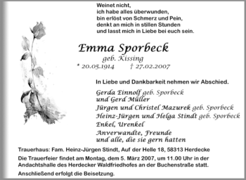 Traueranzeige von Emma Sporbeck von Tageszeitung