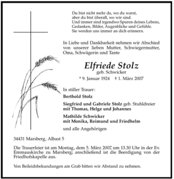 Traueranzeige von Elfriede Stolz von Tageszeitung