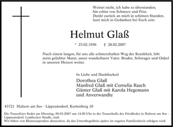 Traueranzeige von Helmut Glaß von Tageszeitung