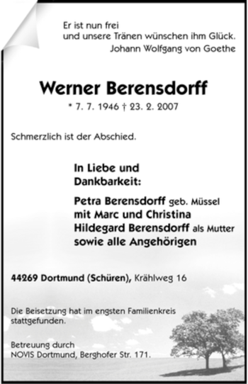 Traueranzeige von Werner Berensdorff von Tageszeitung