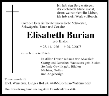 Traueranzeige von Elisabeth Burian von Tageszeitung