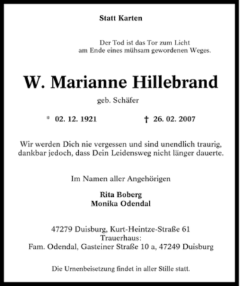 Traueranzeige von W. Marianne Hillebrand von Tageszeitung