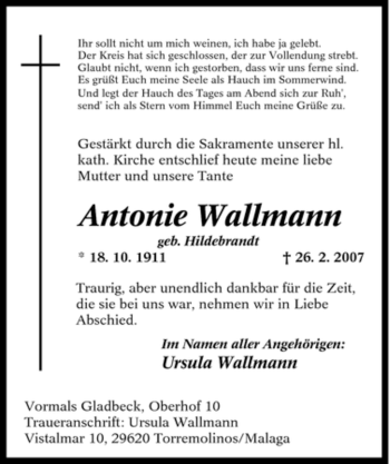 Traueranzeige von Antonie Wallmann von Tageszeitung