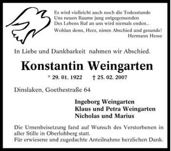 Traueranzeige von Konstantin Weingarten von Tageszeitung