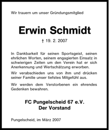 Traueranzeige von Erwin Schmidt von Tageszeitung