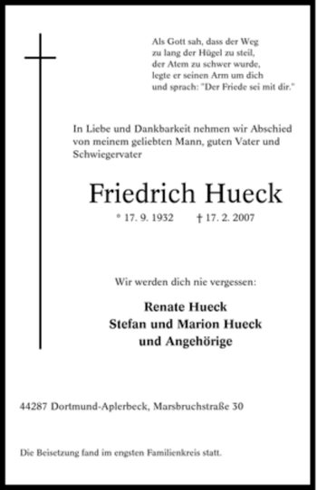 Traueranzeige von Friedrich Hueck von Tageszeitung