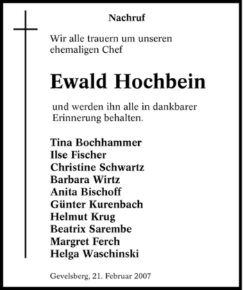 Traueranzeige von Ewald Hochbein von Tageszeitung