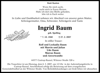 Traueranzeige von Ingrid Baum von Tageszeitung