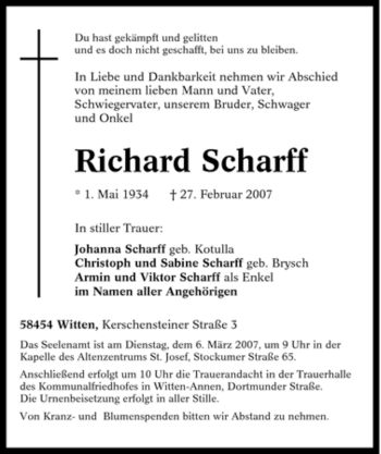 Traueranzeige von Richard Scharff von Tageszeitung