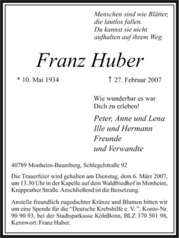 Traueranzeige von Franz Huber von Tageszeitung