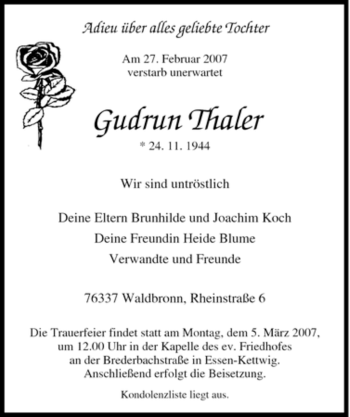 Traueranzeige von Gudrun Thaler von Tageszeitung