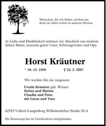 Traueranzeige von Horst Kräutner von Tageszeitung