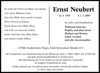 Traueranzeige von Ernst Neubert von Tageszeitung