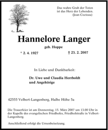 Traueranzeige von Hannelore Langer von Tageszeitung