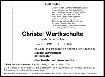 Traueranzeige von Christel Werthschulte von Tageszeitung