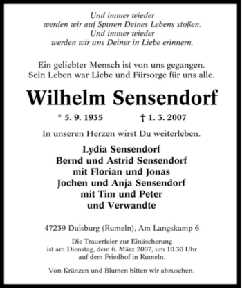 Traueranzeige von Wilhelm Sensendorf von Tageszeitung