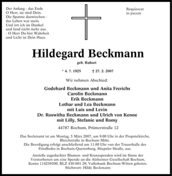 Traueranzeige von Hildegard Beckmann von Tageszeitung