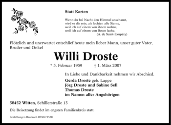 Traueranzeige von Willi Droste von Tageszeitung